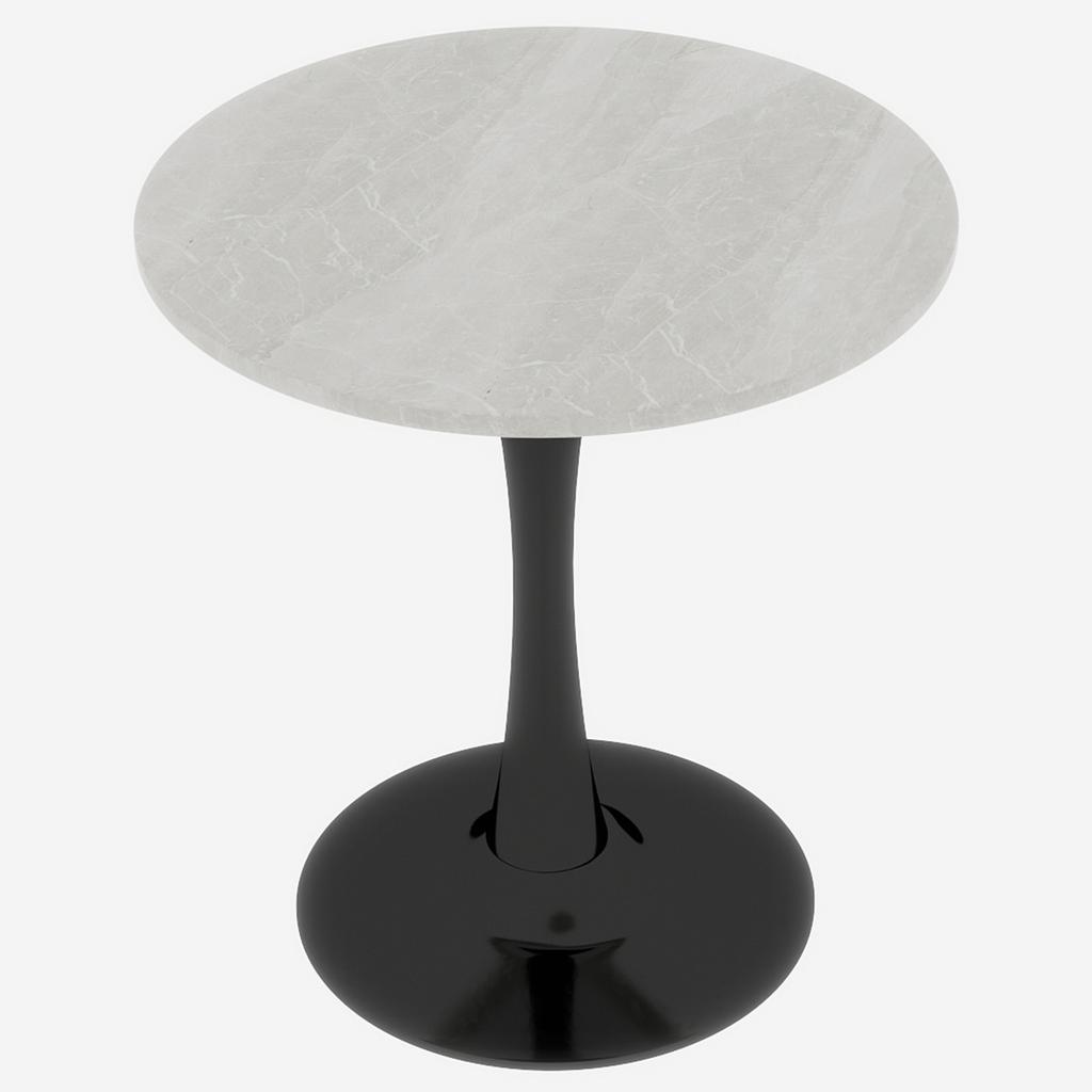 27.6-Inch black coffee table, mid-century modern style, for 2-4 people, round marble tabletop with a white veined finish, various settings.