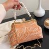 Elegant Evening Clutch Silk Satin for Women Clip Shell Pearl Blue Chain Shoulder Bags Wedding Party Bridal Small Bags New