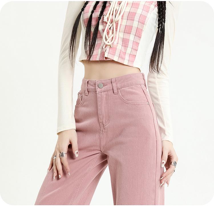 Women's High Waist Dirty Pink Wide-Leg Jeans - Slim and Loose Fit, Early Autumn 2024