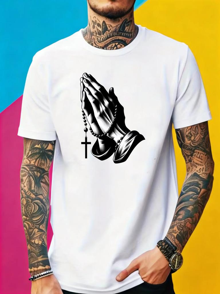 Unisex Faith Praying Hands Cross Rosary Print Cotton Crew Neck Tee Religious Believer Casual Summer Soft Daily Basic Short Sleeve