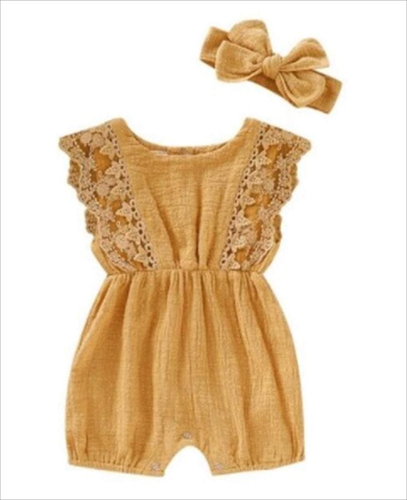 Designer Romper Jumpsuit Headband 12M [Misia Luxury] + Set, Yellow,