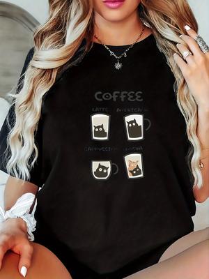 Stylish Coffee Graphic Print WomenS Sleeve Round Neck Comfortable for Black with Brown Coffee Cup Design Aesthetic Clothes
