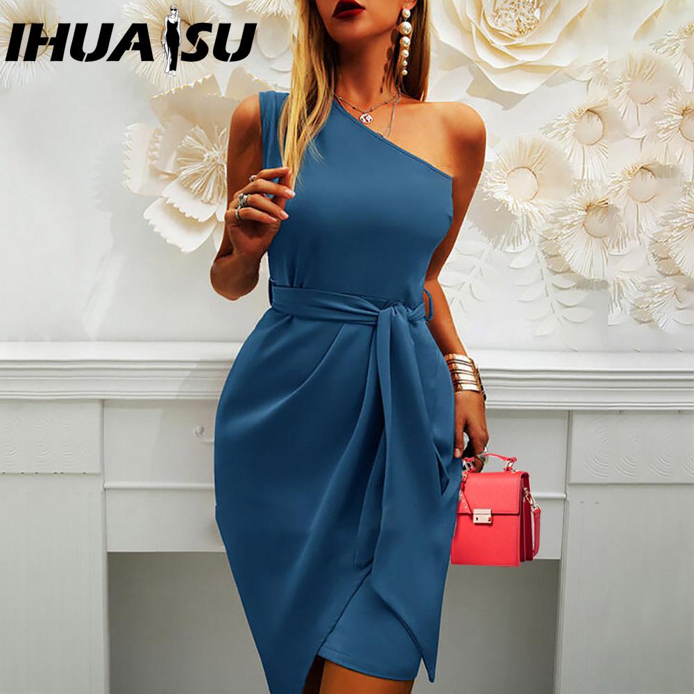 

IHUASU Женская Мода Лето Весна Однотонный Принт Без рукавов Высокая талия Повседневные платья XL синий