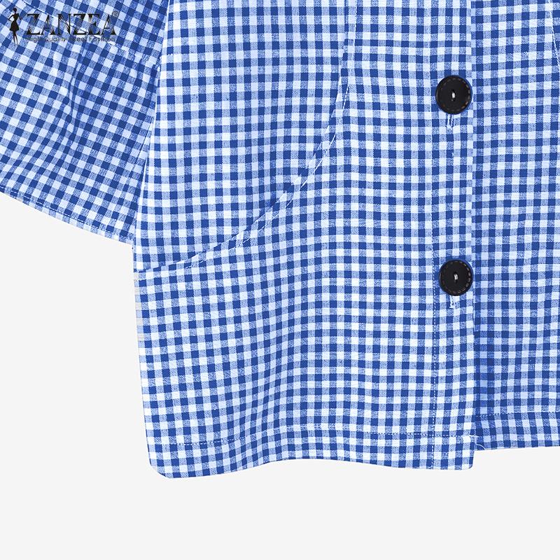 ZANZEA Camicia Casual Estiva da Donna con Colletto a Bambola e Maniche a 3/4 a Quadri