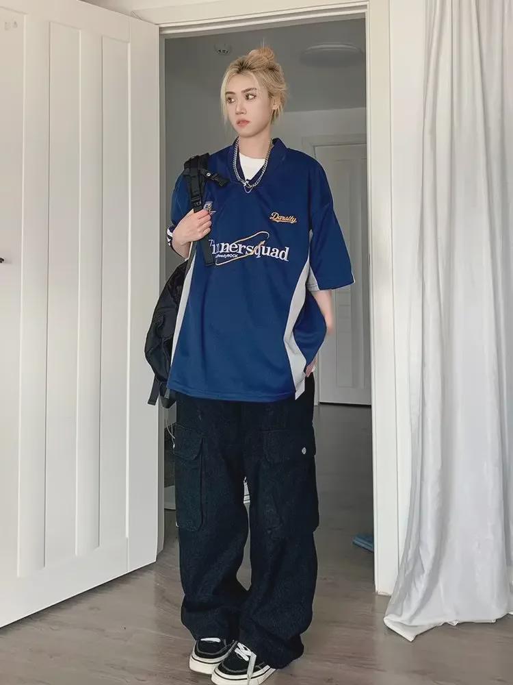 Men's American Style V-Neck Embroidered Short-Sleeve Jersey Tee - Summer Casual & Handsome