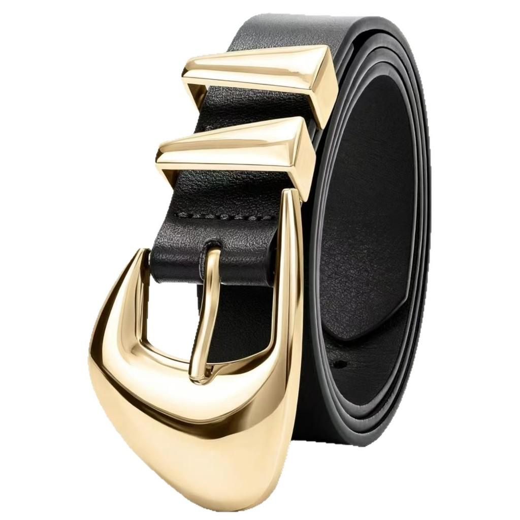 Womens Trendy Leather Belt With Zinc Alloy Pin Buckle And Stylish Fan Pattern For Daily Use