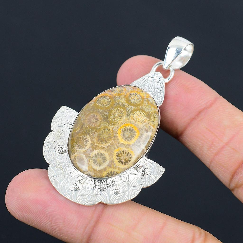 Daughters Day Deal Fossil Coral Gemstone 925 Silver Artisan Unique Wife Pendant