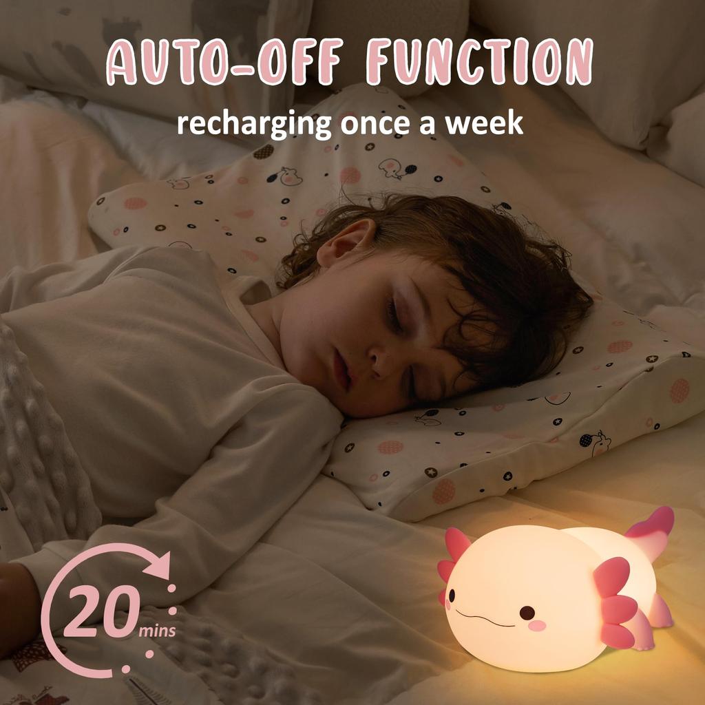 Axolotl Night Light, Cute Salamander Silicone Touch Nursery Lamp, Timer Dimmable Rechargeable LED Night Light, Soft Toddler Breastfeeding Bedroom