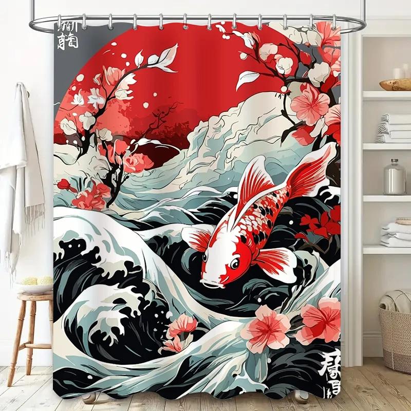 Japanese Red Fish Bath CurtainFloral Print Waterproof Shower Room Decor, Modern Style Home Decoration Wall Hanging Bathroom Cove