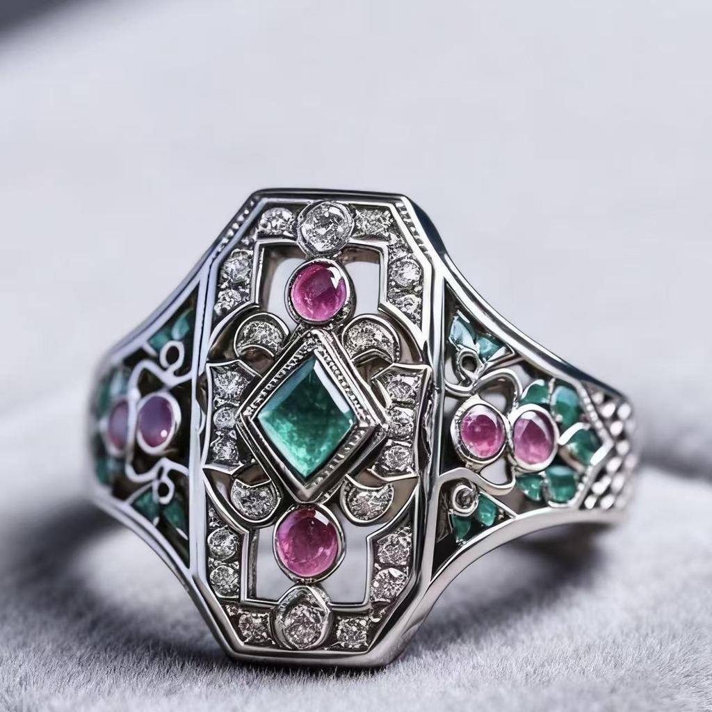 Eco-friendly Alloy Ring with Red & Green Diamonds - 2026 Luxury Court Style