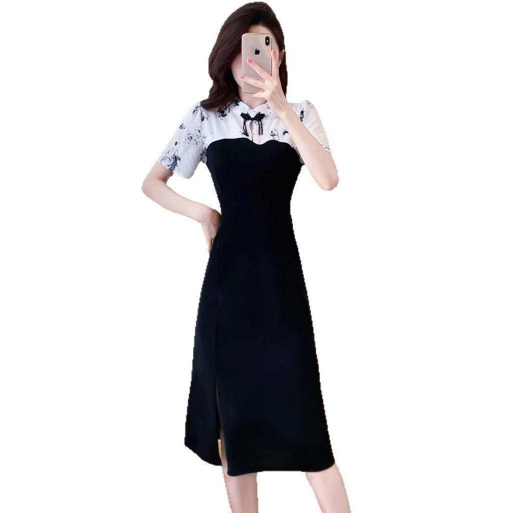 New Chinese Style Cheongsam Small Disc Button Dress 2026 Summer New Splicing Temperament Meat Cover Short Sleeve Skirt