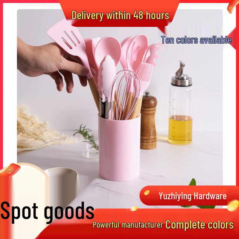 12-Piece Non-Stick Silicone Kitchenware Set with Wooden Handles: Includes Spoons & Spatulas in a Storage Tube 550g