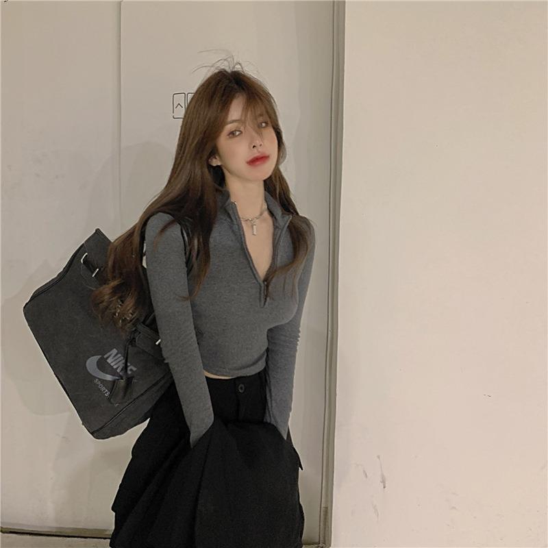 New Base Shirt Female Autumn Winter Korean Version Long-sleeved T-shirt Half Zipper Slim Sexy Inside with Short Crop Top Trend