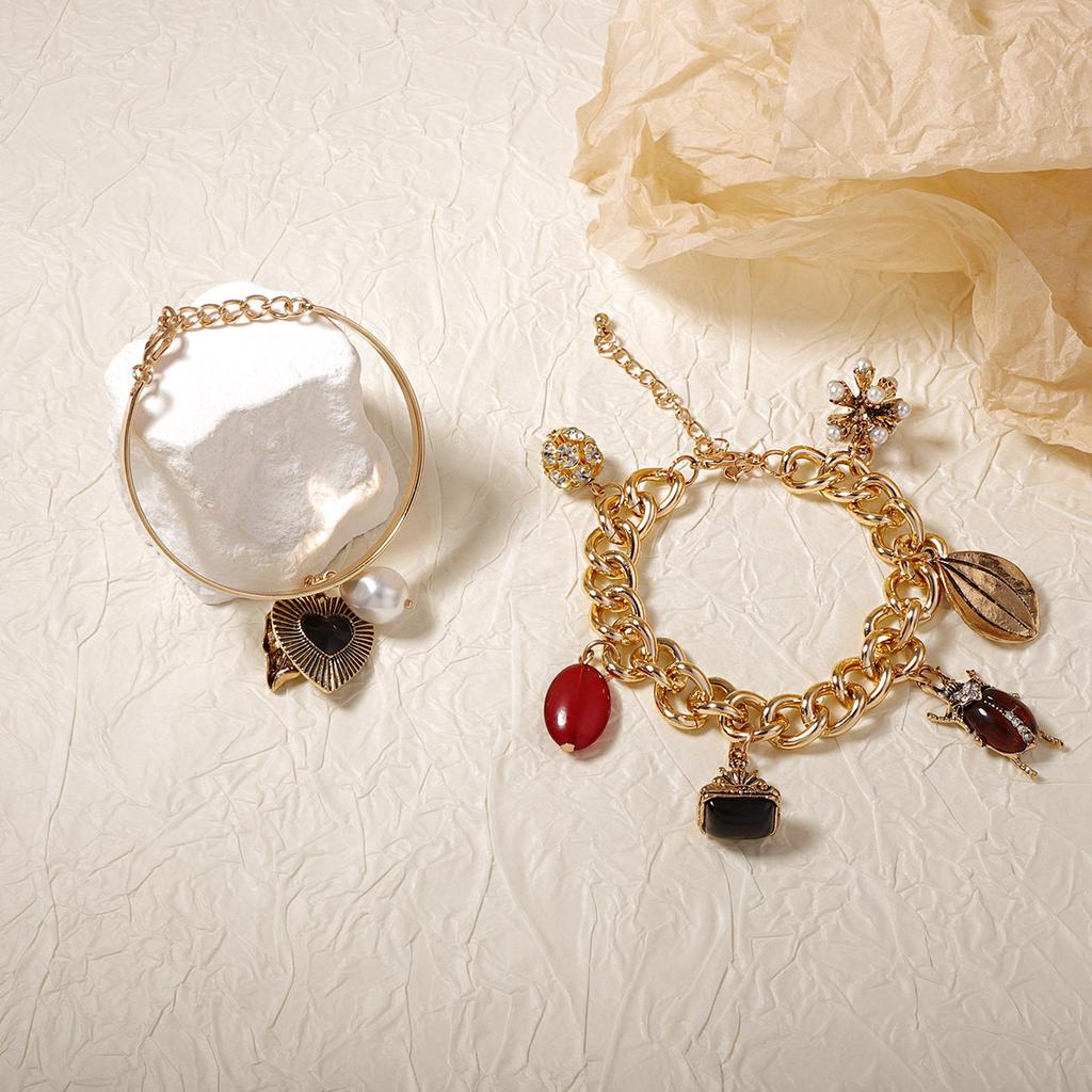 Personalized fashion trend Double layer stacking wearing retro insect love and other pendants Chain bracelet Versatile casual