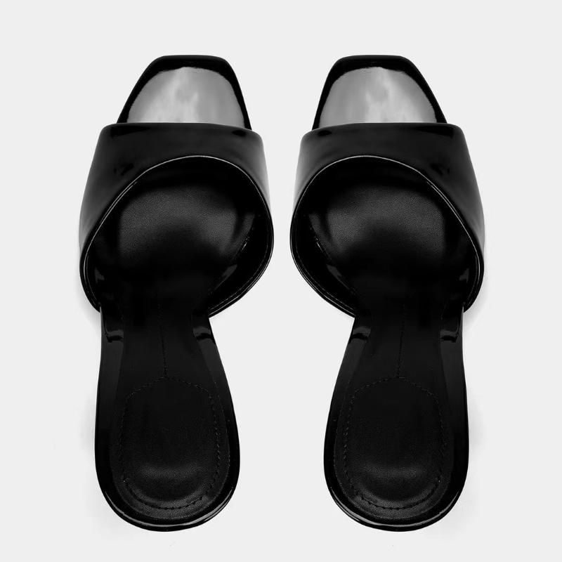 Fashion Retro Brown Patent Leather High-Heel Slipper Women Fashion Shallow Square-Toe Thin Heel Slide Sandals Elegant Banquet Dress Shoe