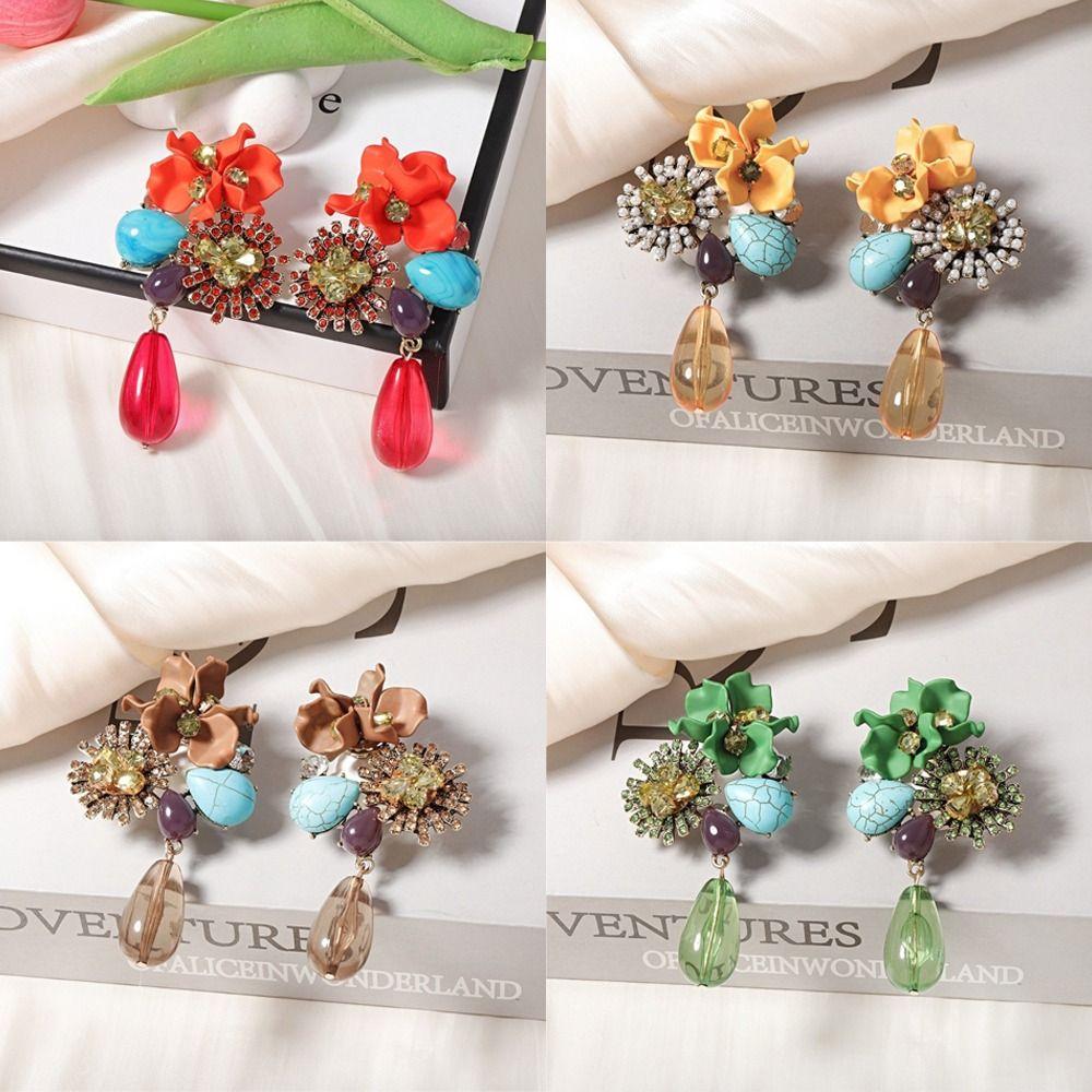 Retro Beaded Flower Earrings Personality Inlay Flower Earrings Pendant Earrings  Jewelry Gift
