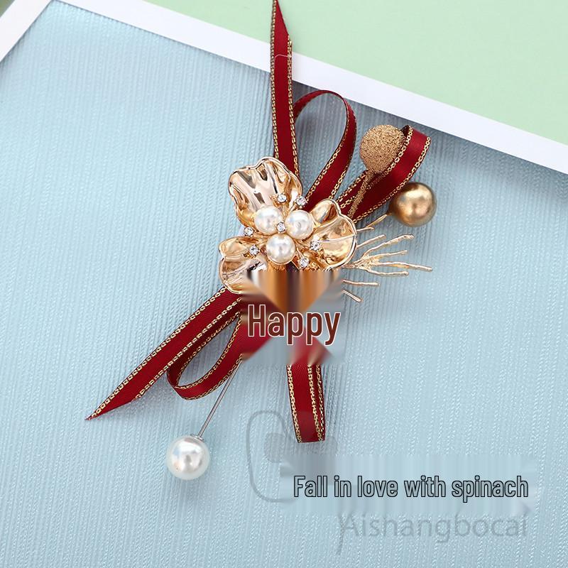 Элегантный набор: красный жемчужный браслет-бутоньерка и бутоньерка для китайской свадьбы - Подарок для родителей и родственников