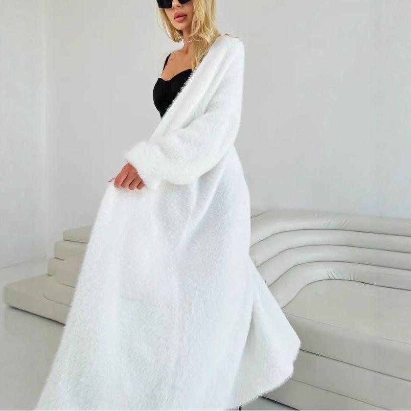 Women's White Long Knitted Over-the-Knee Cardigan - Imitation Mink Velvet