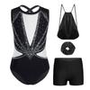 Kids Girls Gymnastics Dance Set Sleeveless Crisscross Back Shiny Rhinestones Color Block Metallic Leotard with Shorts Hairband and Drawstring Backpack