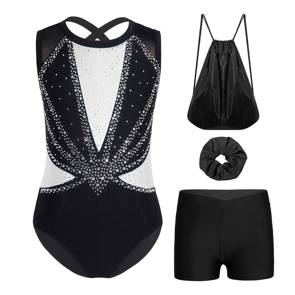Kids Girls Gymnastics Dance Set Sleeveless Crisscross Back Shiny Rhinestones Color Block Metallic Leotard with Shorts Hairband and Drawstring Backpack