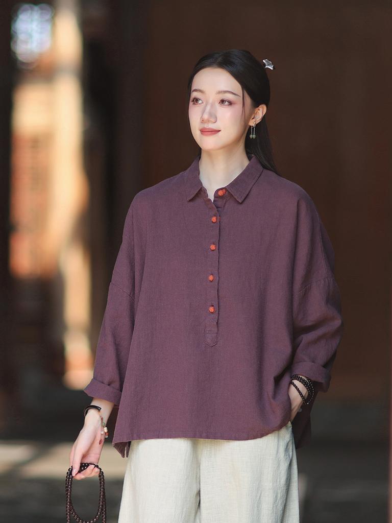 Johnature Women Vintage Shirts Tops Turn-down Collar Solid Color Blouses Autumn Button Soft Shirts