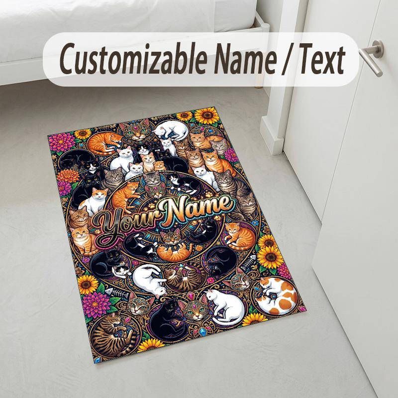 Cat Theme Crystal Velvet Rug Personalized Custom Name Text Soft Floor Mat Home Decor
