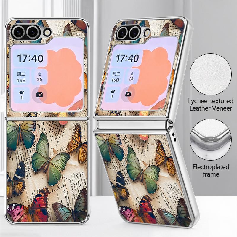 Colorful Butterfly Pattern Case For Samsung Galaxy Z FlIP 7 FE 6 5 Plating PC+PU Leather Hybrid Folding Cover For Samsung Z Flip7 Flip6 Flip5
