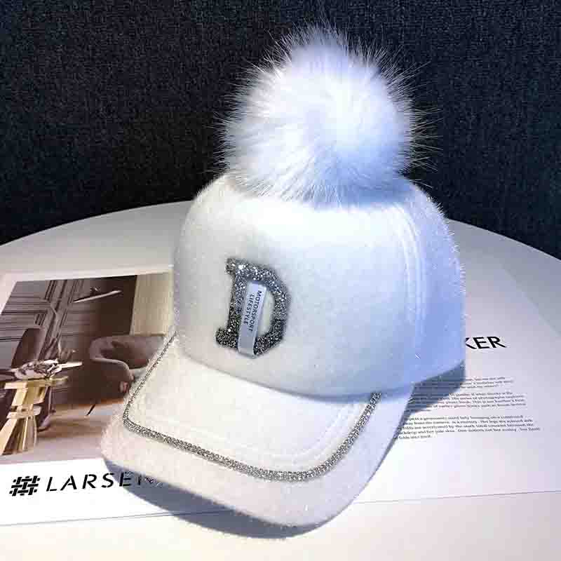 And Ladies Autumn Hat Winter With Diamond Letter D Allmatch Baseball Cap Fur Ball White Peaked Cap Fur Ball Decor