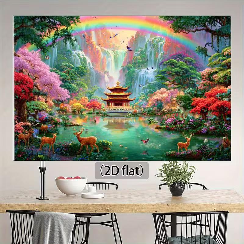 2D Magical Scenery Backdrop, Enchanted Forest with Deer and Pagoda Background for Photoshoot 47.2x31.5inch/120*80cm