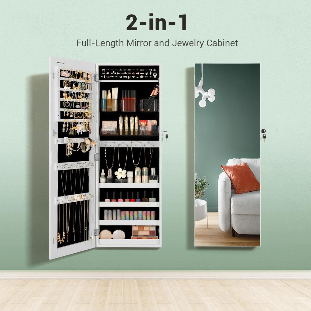 SONGMICS Jewellery Cabinet Armoire, Lockable Wall-Mounted Storage Organiser Unit with 2 Plastic Cosmetic Storage Trays, Full-Length Frameless Mirror