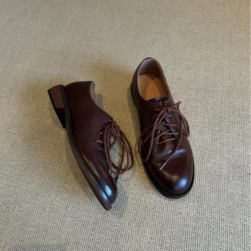 Sheepskin Version~ Retro Brown Lace-up Small Leather Shoes Women's Round Head Polishing Low Heel Comfortable Commuter Shoes Genuine Leather