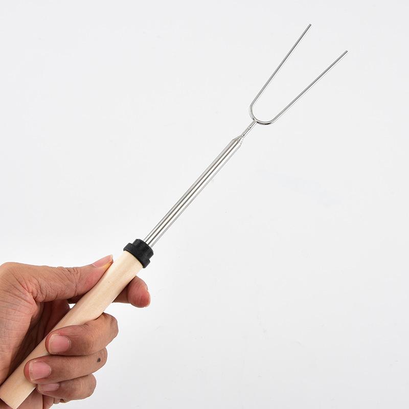 Stainless Steel Retractable Barbecue Fork Outdoor BBQU-shaped Barbecue Fork Wooden Handle Barbecue Stick Barbecue Fork Barbecue Stick