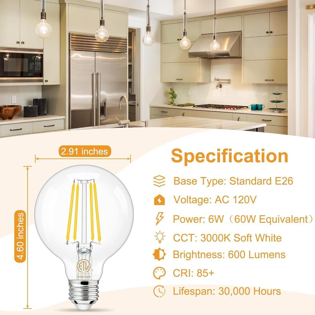 hansang 8 Pack G25 LED Edison Globe Light Bulbs, 3000K Soft White, E26 Base Round Light Bulbs for Bathroom Vanity, 6W 60W Incandescent Equivalent,