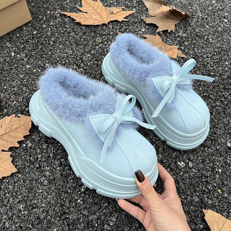 

Версия из мягкой кожи~ Милый бант, полуносок на одну педаль, головные хлопковые туфли, женские бархатные модные пушистые сапоги-угги на толстой подошве 40 небесно-голубой