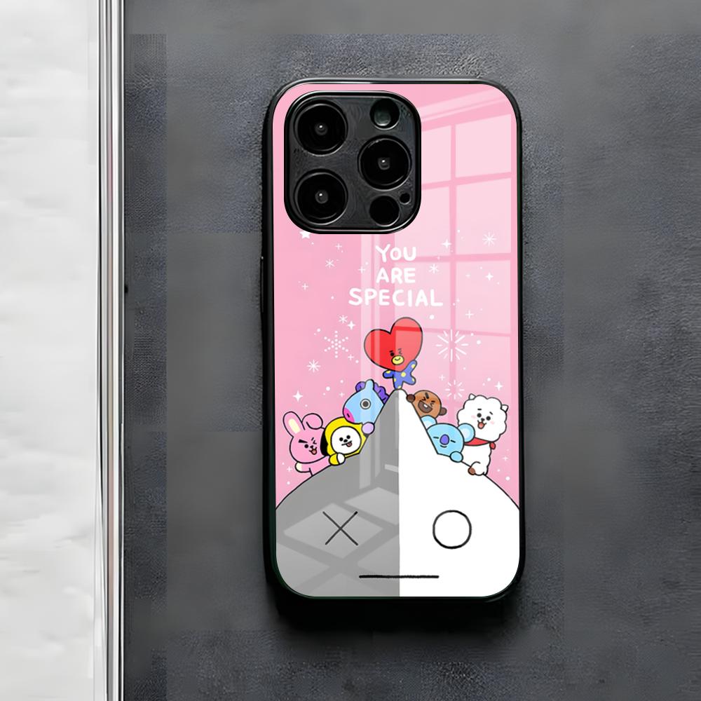 Cute Cartoon B-BT21s Phone Case For IPhone 17 Air 16 E Pro Max 15 14 13 Mini 12 Pro 11 Max Plus Black Glass Cover