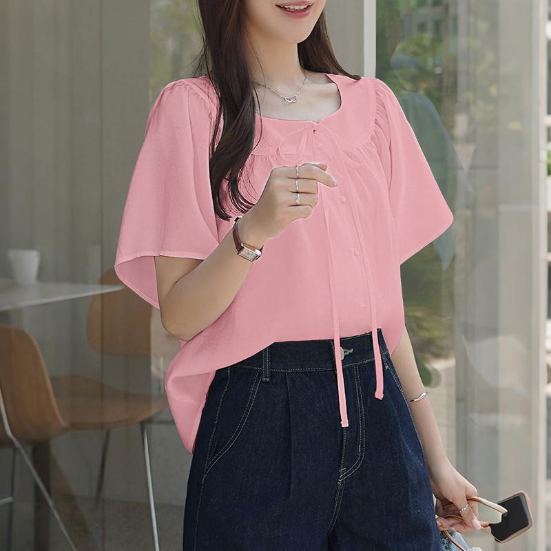 

ZANZEA Женская повседневная блузка с круглым вырезом, свободного кроя, с коротким рукавом, летняя 5XL розовый