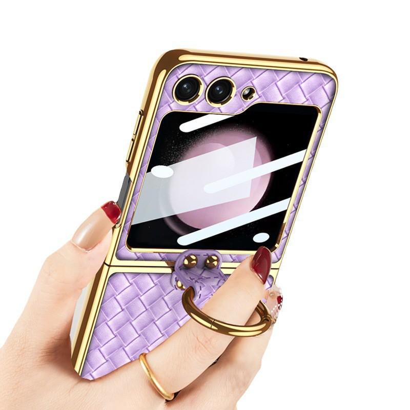 Galaxy Z Flip5 Case Full Coverage Woven Texture Hard Shell With Ring Stand Foldable Phone Cover