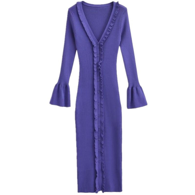 

Fashion Wind 2023 New Fall Women s Clothing Stylish Slim-Fit Flared Sleeves Easiest for Match Lace Long Knitted Cardigan Purple L