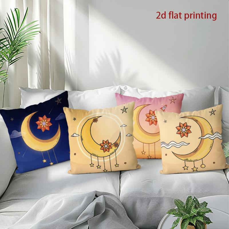 VIKAMA Boho Celestial Moon Flower Cushion Case Set, Cute Star Crescent Throw Pillow Cover, Decorative Pillowcase For Home Sofa