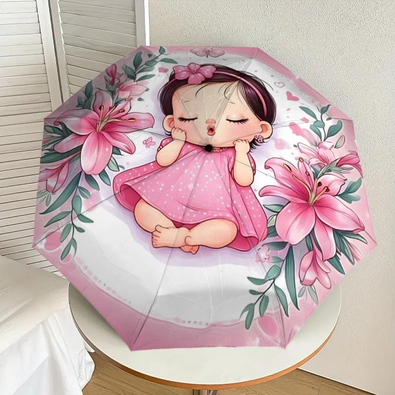 Pink Lily Flower Girl Automatic Opening/Closing Umbrella - Portable 3-Fold Design with Iron Frame - Gift for Fans, Travelers, Daily Use11210
