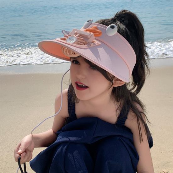 Kids Hat with Built-in Fan Cartoon Shape Oversized Brim UV-Resistant Sun Hat Cartoon Style Adjustable Wind Speed Hat