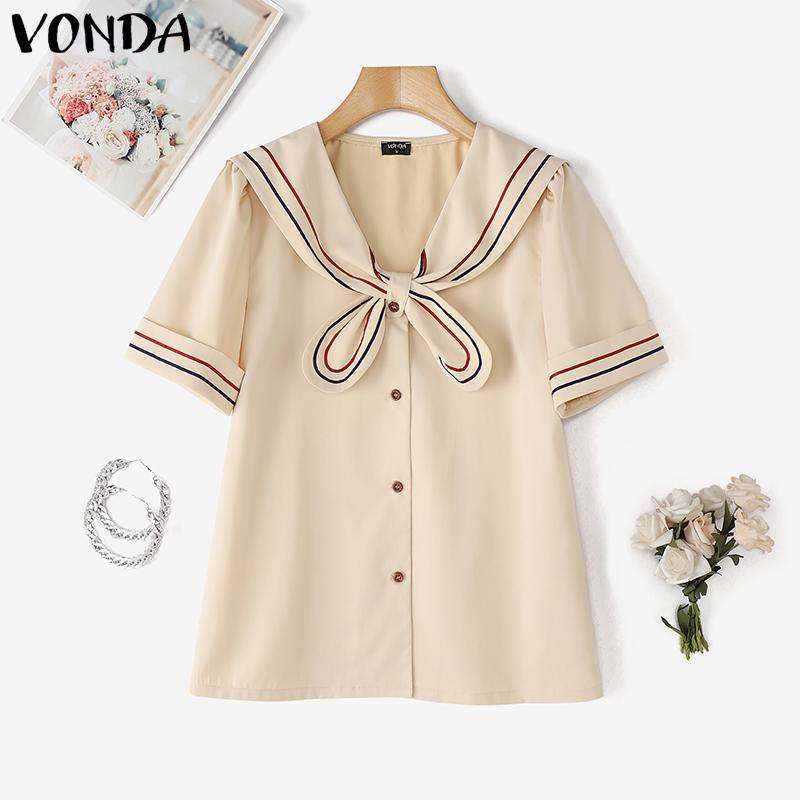 VONDA Summer Women Navy Neck Short Sleeve Stitching Striped Buttons Casual Blouse Tops