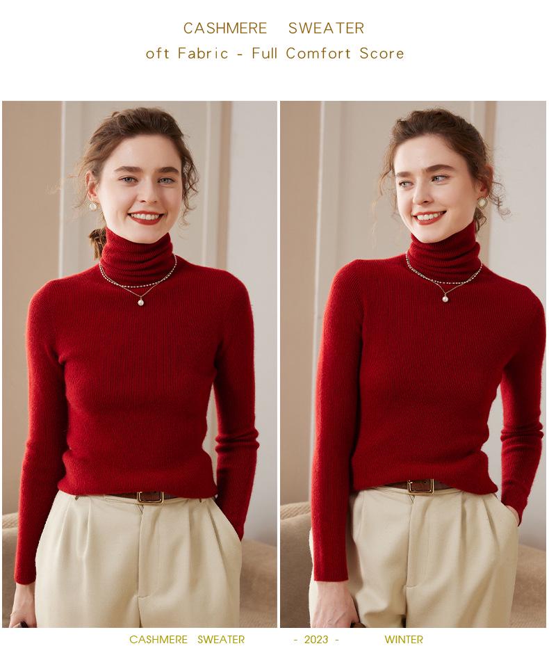 Women's High Neck Ribbed Cashmere Sweater - Slim Fit, Versatile Knit Top