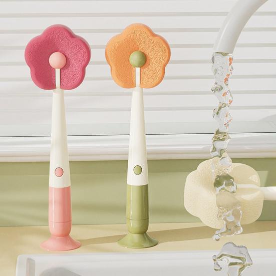 Cleaning Brush Soft Flower-shaped Sponge Head Long Handle Cup Brush Suction Base Bottles Water Cups Cleaning Scrubber