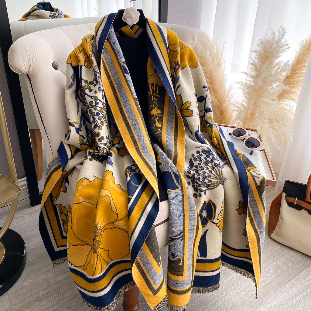 Women's Double-Sided Floral Print Faux Cashmere Scarf Soft Cozy Pashmina Shawl Autumn Winter Cold-Resistant Windproof Blanket