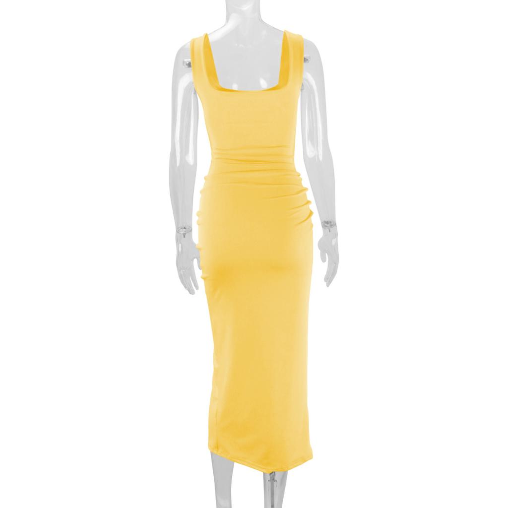 Women Long Dress Solid Color Hollow Navel Sexy Dress