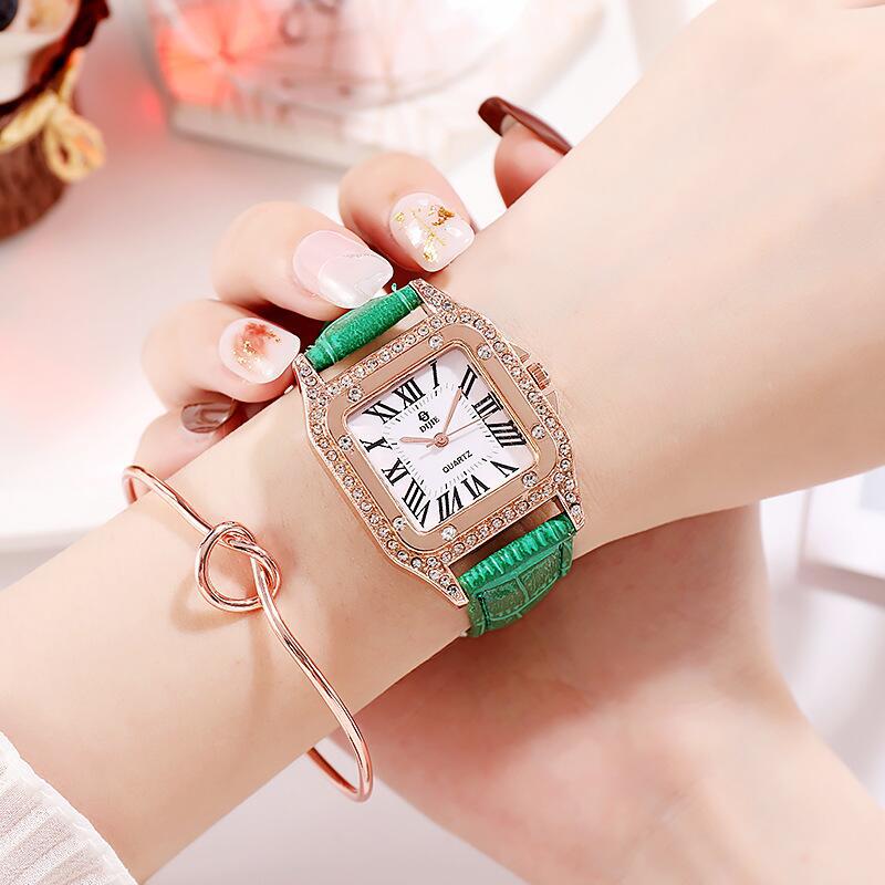 

Рим Маленькие Свежие Литературные Женские Часы со Стразами Модный Тренд Ремешок Часы Кварцевые Часы зелёный