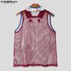 INCERUN Men Sleeveless Mesh See Through Stitching Flowers Embroidery Tank Tops