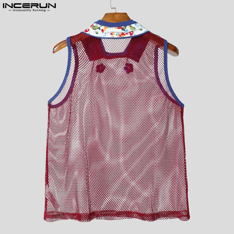 INCERUN Men Sleeveless Mesh See Through Stitching Flowers Embroidery Tank Tops