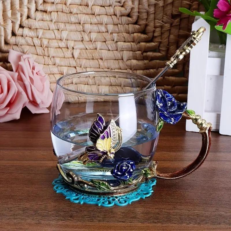 Handmade Enamel Tea Cup Crystal Cup Milk Lemon Flower Tea Cup High-end Wine Cup Set Gift Cup